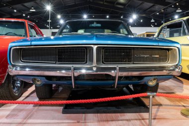 Sparkford. Somerset. Birleşik Krallık. 12 Ocak 2025. 1969 tarihli Dodge Charger, Somerset 'teki Haynes Motor Müzesi' nde sergileniyor.