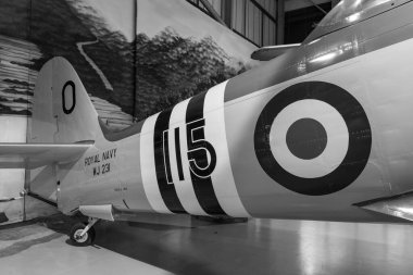 Yeovilton. Somerset. Birleşik Krallık. 18 Ocak 2025. Bir Hawker Sea Fury savaş uçağı Somerset 'teki Fleet Air Arm Museum' da sergileniyor.
