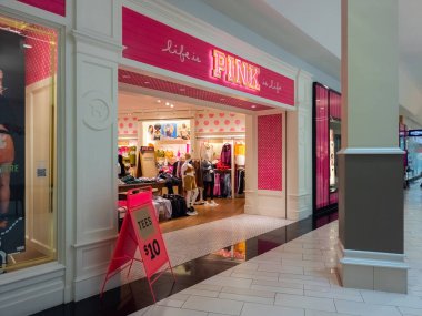 New Hartford, New York - 15 Ekim 2022: Sangertown Alışveriş Merkezi 'ndeki Pembe Dükkan' ın Görüntüsünü Kapat.