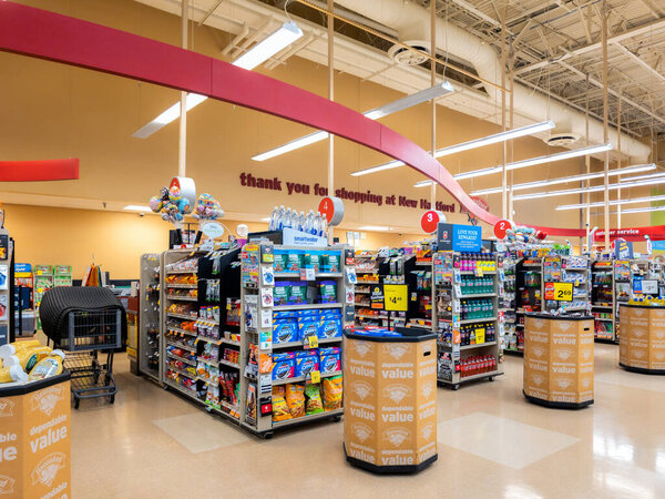 New Hartford, New York - Aug 7, 2023: Close-up View of the Check-out Counters of Hannaford Grocery Store.