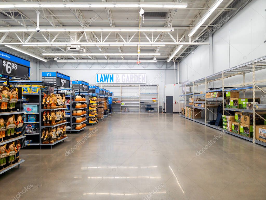 New Hartford, New York - Aug 6, 2023: Close-up View of the Lawn and Garden Department of Walmart Super Center.
