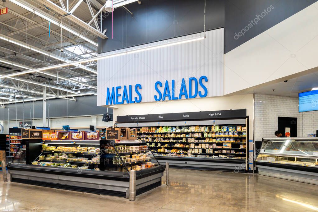 New Hartford, New York - Aug 6, 2023: Close-up View of Meals and Salads Department of Walmart Super Center II.