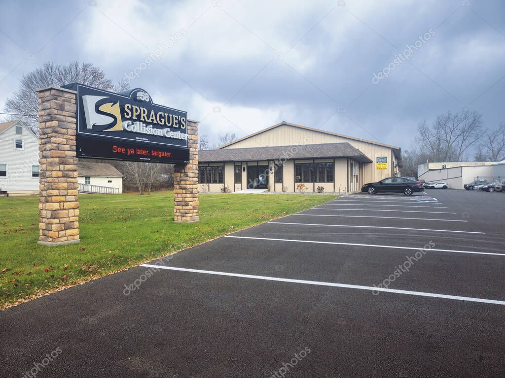 New York Mills, NY - Nov 28, 2023: Sprague's Collision Center is a family-owned auto-body repair business with over 40 years in the industry.