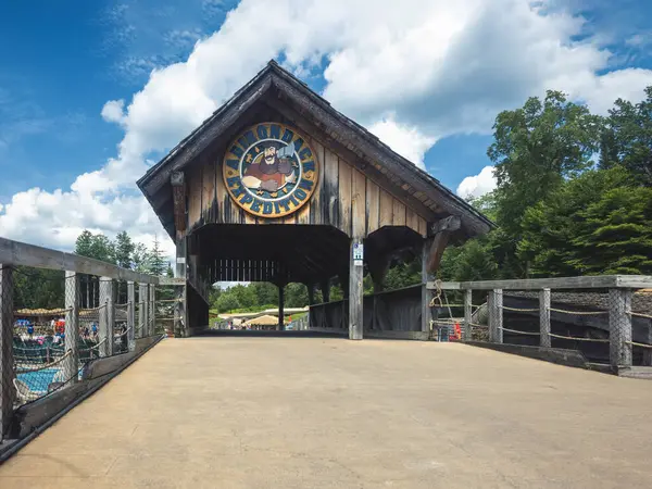 Old Forge, New York - 4 Temmuz 2024: Su Safari Parkı 'ndaki Adirondack keşif köprüsü.