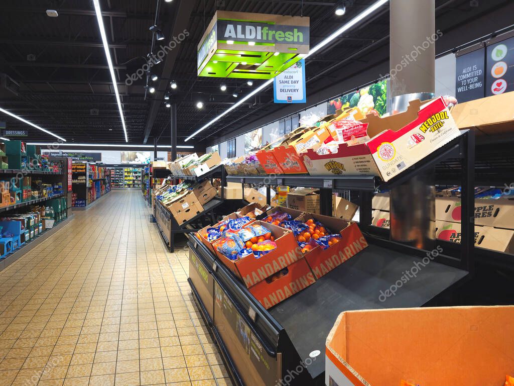 Yorkville, New York - Nov 21, 2023: Wide View of Aldi Market Produce Department (ALDIfresh)