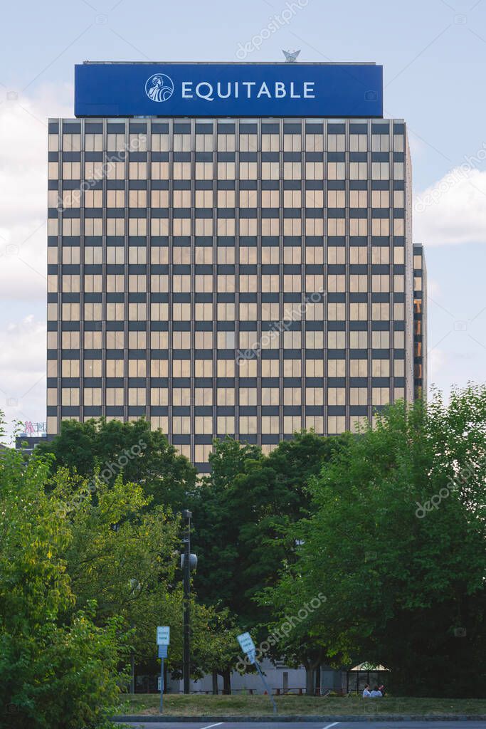 Syracuse, NY - Jul 30, 2025: Close-up of The Equitable Tower, located at 120 Madison Street in Syracuse, NY, are a prominent feature of the city's skyline, built in 1966 by Mutual of New York (MONY)