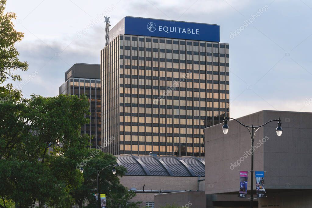 Syracuse, NY - Jul 30, 2025: Close-up of The Equitable Tower, located at 120 Madison Street in Syracuse, NY, are a prominent feature of the city's skyline, also know as the twin tower with Axa tower