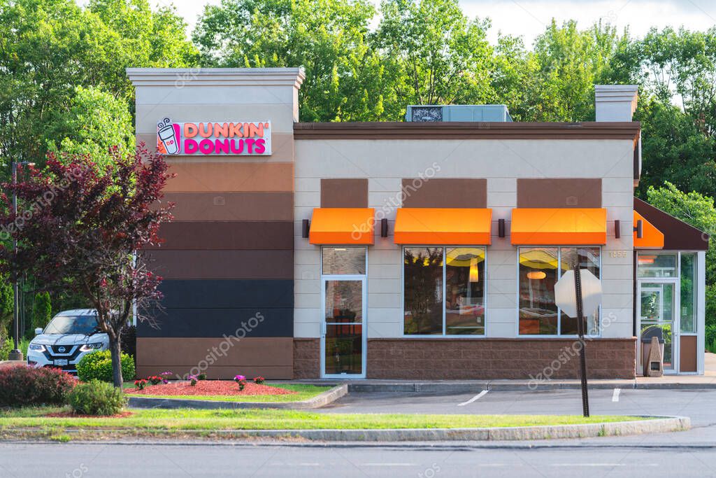Rome, NY - Jul 20, 2025: View of Dunkin' Donuts is an American coffee and doughnut Co., and quick service restaurant with 12,000 locations in 36 countries, serving more than 3 million customers daily