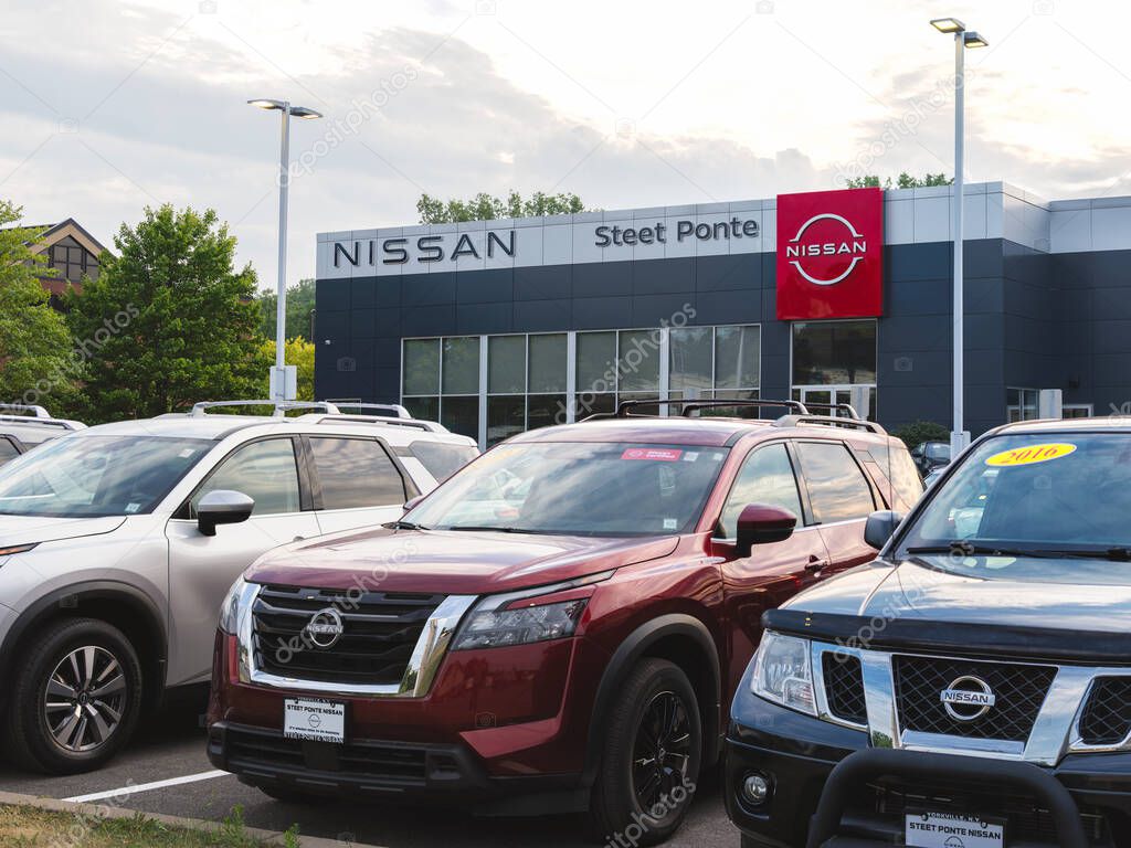 Yorkville, NY - Jul 26, 2025: Close-up detailed view of Nissan Steet Ponte dealership, it is a family-run dealership offering new and pre-owned Nissan vehicles, plus servicing, parts, and accessories