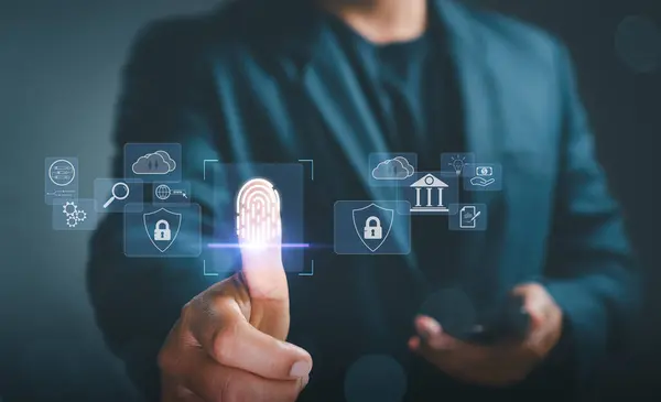 Concept protection of personal information security from cybercrime. Businessman fingerprint scan biometric authentication, access personal financial data digital security cyber Online transactions.