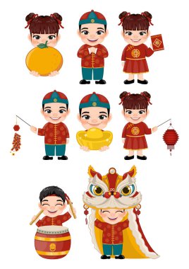 Çinli yeni yıl çocukları çizgi film karakter vektörünü selamlıyor