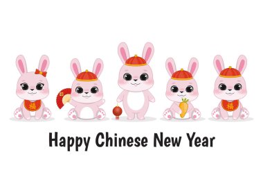 Beyaz Arkaplanda Şirin Pembe Tavşanlarla Yeni Yıl Tavşanı