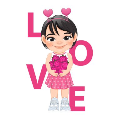 Valentine s day with little girl hugging bouquet of roses cartoon character design vector
