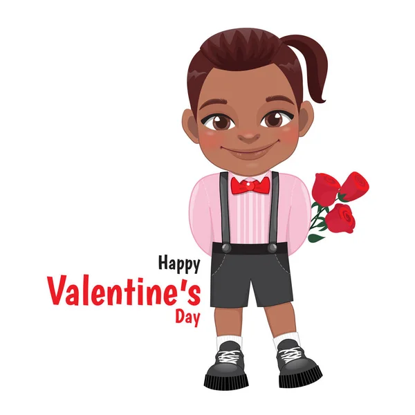 Valentine Day American African Little Boy Holding Bouquet Roses Cartoon — Vetor de Stock