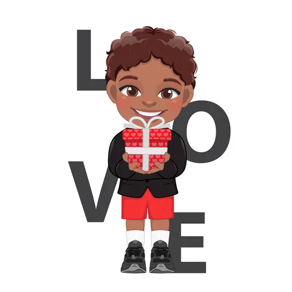 Valentine Day American African Little Boy Holding Gift Box Cartoon — Vetor de Stock