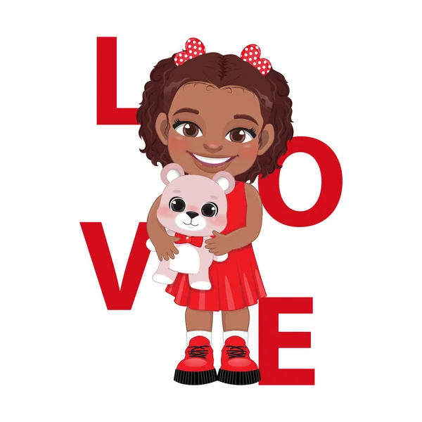 Valentine Day American African Little Girl Holding Cute Teddy Bear — Vetor de Stock