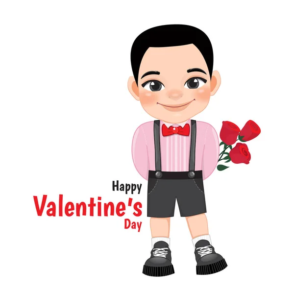 Valentine Day Little Boy Holding Bouquet Roses Cartoon Character Design — Stock Vector