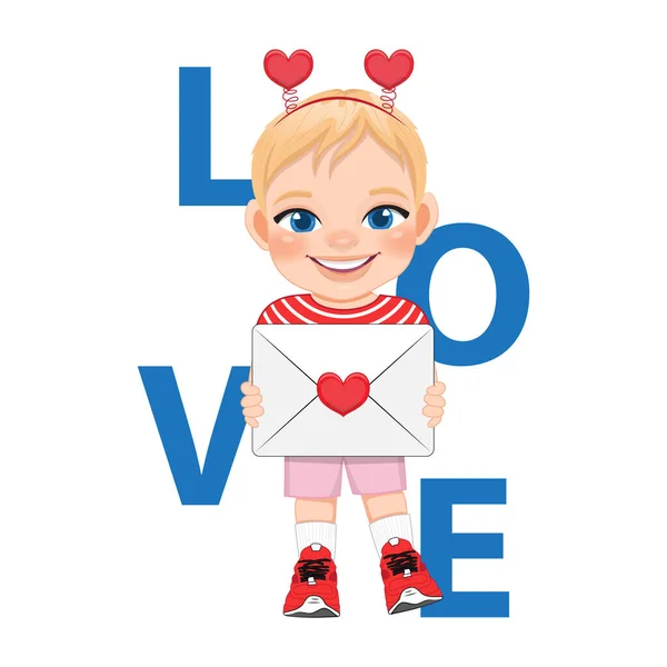 Valentine Day Little Boy Holding Love Letter Cartoon Character Design — Vetor de Stock
