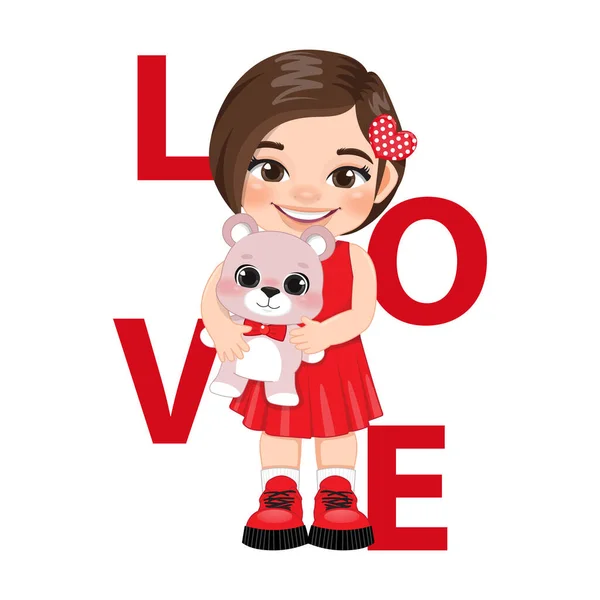 Valentine Day Little Girl Holding Cute Teddy Bear Cartoon Character — Stock Vector