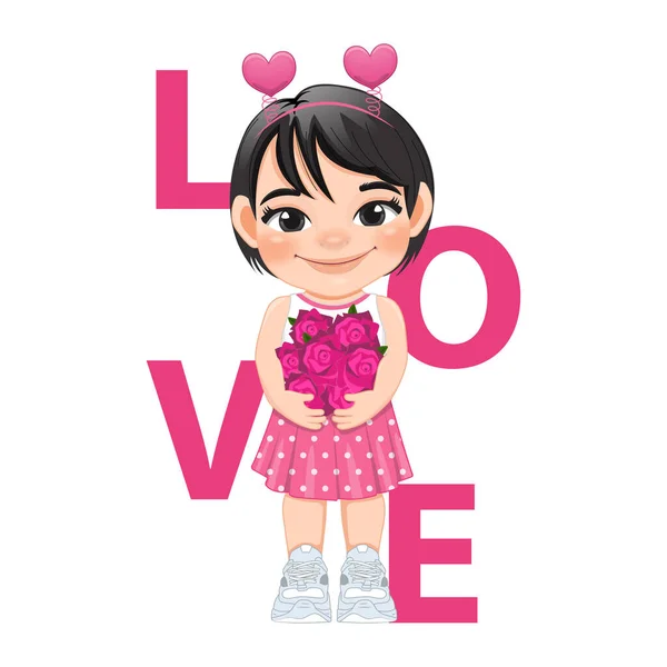 Valentine Day Little Girl Hugging Bouquet Roses Cartoon Character Design — Vetor de Stock