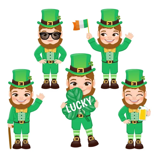 Set Five Funny Leprechauns Different Poses Saint Patrick Day Flat — Archivo Imágenes Vectoriales