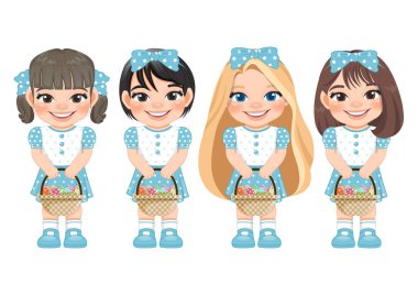 Happy Easter Day with Cute Girls Holding Easter Eggs Basket Cartoon Character