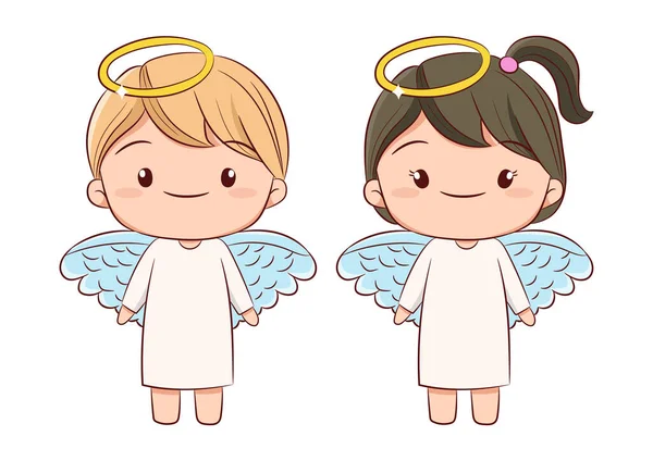 Roztomilý Anděl Chlapec Dívka Stojící Spolu Ručně Kreslené Skica Styl — Stockový vektor