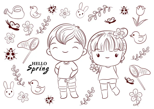 Elementy Sprężyny Cute Doodle Stylu Kreskówki Wektor Ilustracji Wiosna Chłopiec — Wektor stockowy