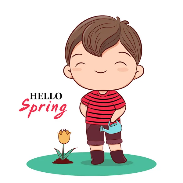 Wektor Wiosna Ilustracja Cute Chłopiec Gospodarstwa Podlewania Może Roślin Kwiat — Wektor stockowy