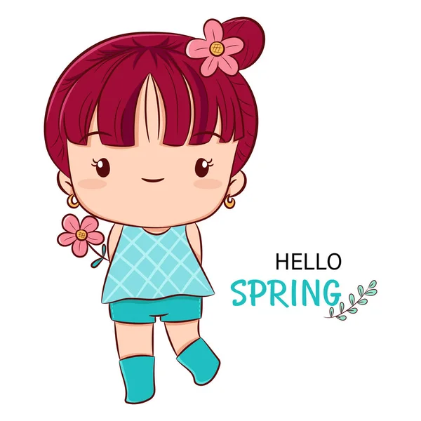 Vector Spring Illustration Cute Girl Holding Pink Flower Spring Hand — Stock Vector