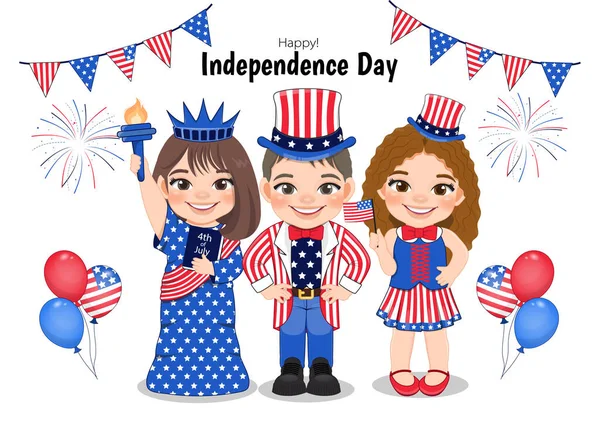 Amerikanisches Kinderporträt Feiert Den Unabhängigkeitstag Juli Mit Kostümen Fahnen Halten — Stockvektor