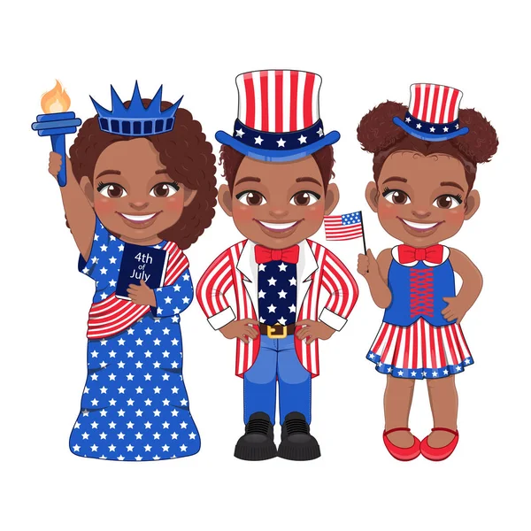 American Black Children Portrait Celebrating 4Th July Independence Day Costume — 스톡 벡터