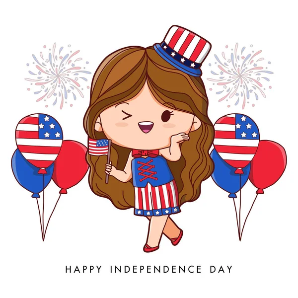 American Girl Portrait Celebrating 4Th July Independence Day Costume Holding — 스톡 벡터