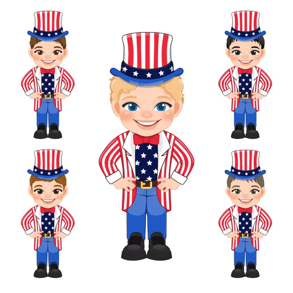 Set American Boys Portrait Celebrating 4Th July Independence Day Costume — 스톡 벡터