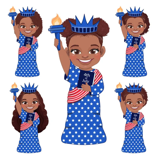 Set American African Girls Portrait Celebrating 4Th July Independence Day — 스톡 벡터