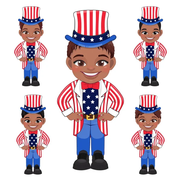 Set American African Boys Portrait Celebrating 4Th July Independence Day — 스톡 벡터
