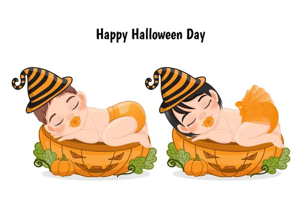 Słodkie Dziecko Śpiące Dyni Wyciąć Połowę Halloween Tematu Płaska Konstrukcja — Wektor stockowy