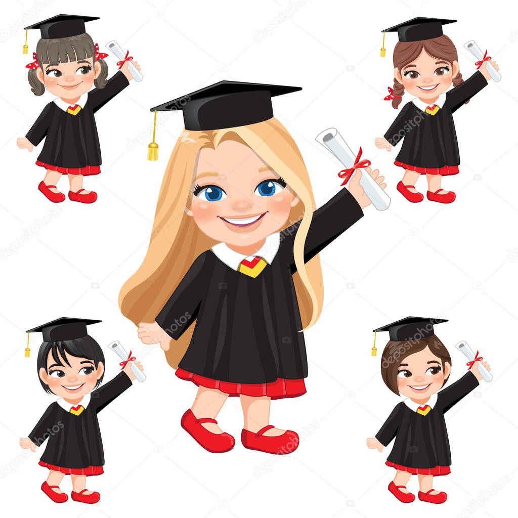 Set of girls holding diploma in academic gown for graduation day, Happy girl cartoon character for graduation day vector