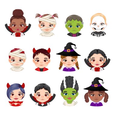 Cadılar Bayramı koleksiyonunda şirin çocuk yüzleri ve cadılar bayramı kıyafetleri, mumya, vampir, cadı, şeytan, Frankenstein ve eş, iskelet hayalet vektörü