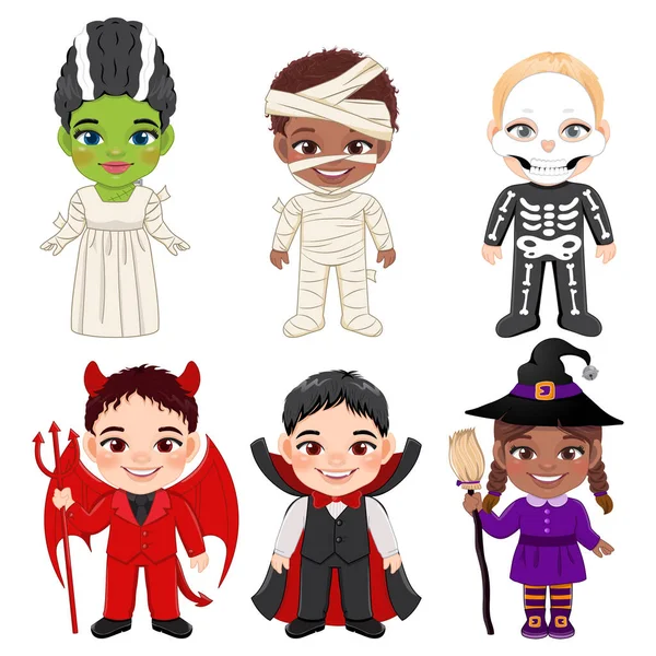 Zestaw Postaci Kreskówek Dla Dzieci Halloween Dzieci Różnych Kostiumach Halloween — Wektor stockowy