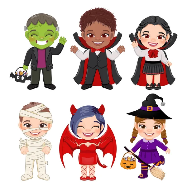 Set Von Halloween Kinder Zeichentrickfigur Kinder Anderen Halloween Kostümen Mit — Stockvektor