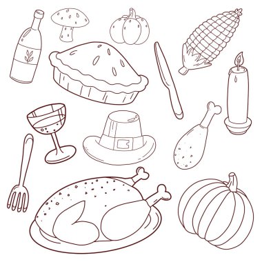 Şükran Günü 'nde yemek hazırlayan el karalama malzemeleri, hindili, kabaklı, mısırlı, hacı şapkalı, şaraplı, çatallı ve kaşıklı. Vektör illüstrasyonu