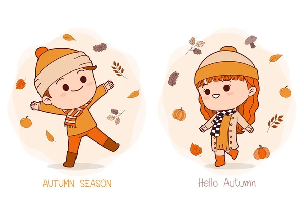 stock vector Autumn hand drawn with girl and boy happy with autumn leaves vector