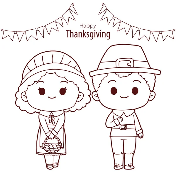 Thanksgiving Tangan Digambar Corat Coret Dengan Thanksgiving Peziarah Kostum Karakter - Stok Vektor