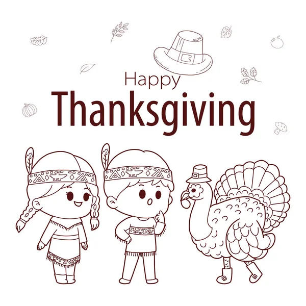 Thanksgiving Tangan Digambar Corat Coret Dengan Anak Anak India Amerika - Stok Vektor