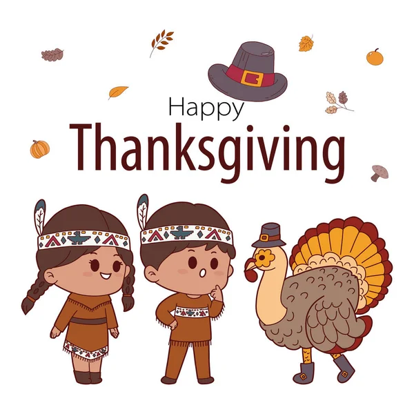 Thanksgiving Tangan Digambar Dengan Anak Anak Amerika India Turki Pilgrim - Stok Vektor