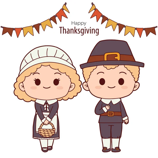 Thanksgiving Tangan Digambar Dengan Thanksgiving Karakter Kartun Kostum Peziarah Dan - Stok Vektor