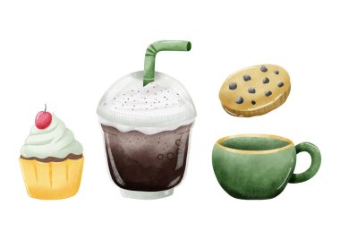 Watercolor Kafe Elementleri Vektörü