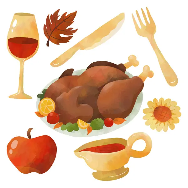 Watercolor Thanksgiving Elements Red Wine Glasses Gravy Dining Knife Fork - Stok Vektor