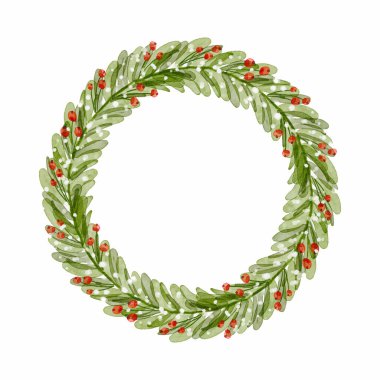 Noel ağacı dalları ve kutsal çilek vektörlü suluboya çelenk